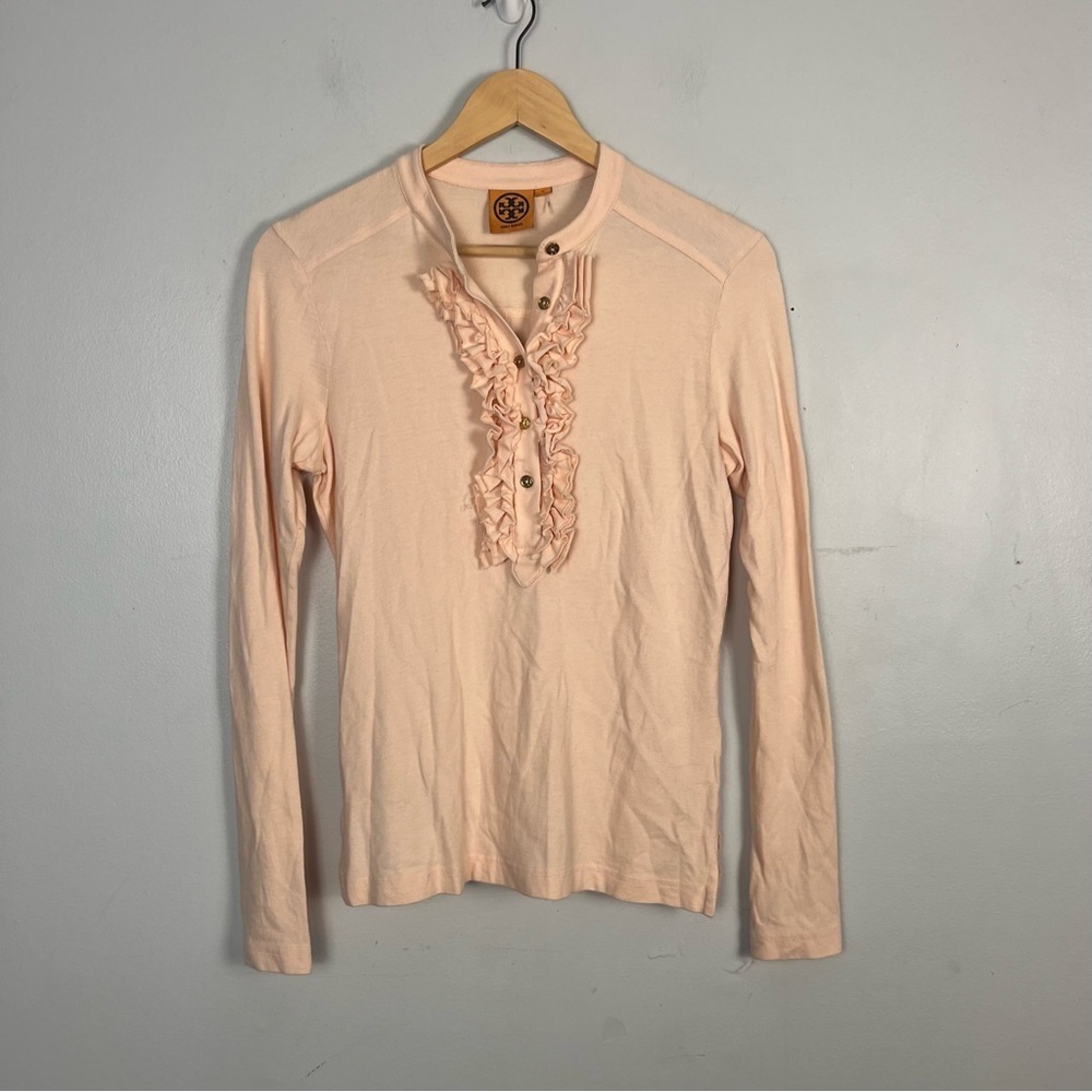 Tory Burch Lidia Long Sleeve Ruffle Polo Shirt Top Pale Pink Gold buttons size S